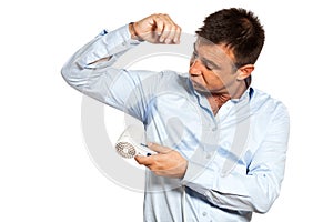 One man sweat stain perspire drying shirt