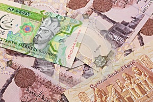 A manat from Turkmenistan with Egyptian one pound bank notes
