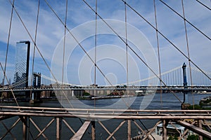 One Manhattan Square and Manhattan Bridge from Brooklyn Bridge, New York City, USA