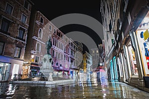 One of the many fountains and statues in Venice, Italy during night time rainy season, with few tourists due to Corona or