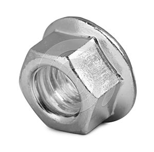 One metal flange nut on white background