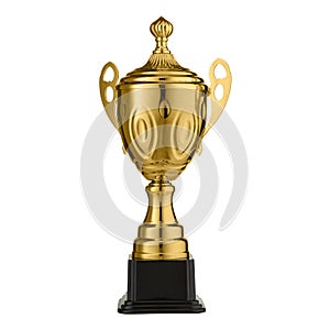 One metal sports cup stands on white background, gold cup