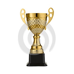 One metal sports cup stands on white background, gold cup