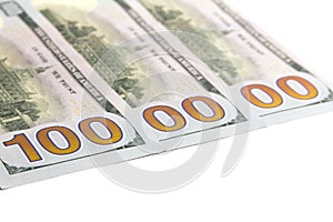 One million dolars. Three hundred dollar bills in the USA. White background. Copy space. Isolated.