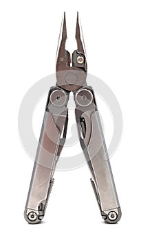 One modern gray iron open folding multifunctional knife isolated on a white background. Multitool with extended tools
