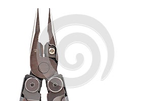 One modern gray iron open folding multifunctional knife on a white background. Multi-tool with advanced tools. Pliers