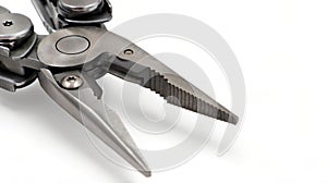 One modern gray iron open folding multifunctional knife on a white background. Multi-tool with advanced tools. Pliers