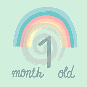 One month baby birthday greeting card invitation. Pastel multicolored rainbow hand lettering on light turquoise background. Kawaii