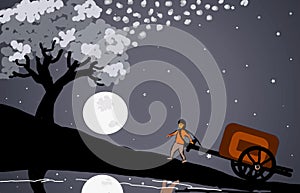 One Moon Night, A Man Pull Goods, And Moon Reflect On The Water.