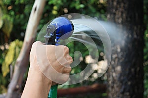 View from the back of a woman holding a tree sprinkler