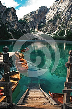 Braies lake. Famous lake in Trentino Alto Adige photo