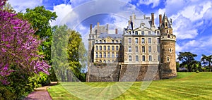 Old Brissac castle ,view with beautiful gardens,Loire valley,France.