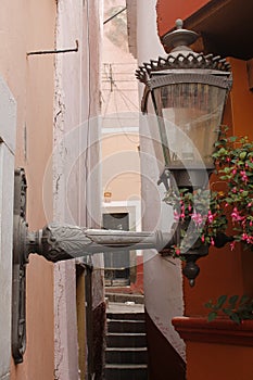 Wall lantern in `callejon del beso` kiss alley in Guanajuato city photo