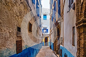 One of the narrow streets in the medina of Essaouira in Morocco