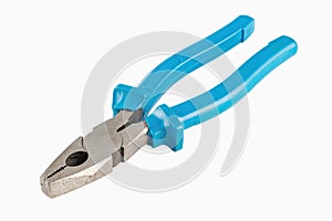 One new metal pliers with rubber handles blue color isolated on white background. Side view. Repair or building concept