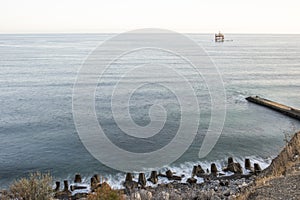 One oceanographer stands on the sea. Sea background landscape