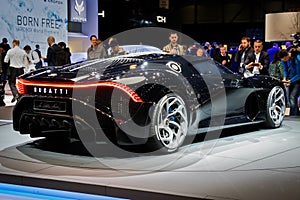 One-off 19 million dollar Bugatti La Voiture Noire supercar debut at the 89th Geneva International Motor Show. Geneva, Switzerland