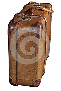 One old-fashioned scratched brown suitcase - white, isolated