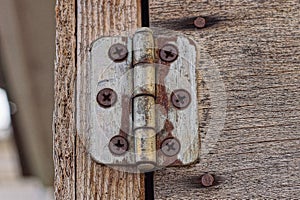 One old white small door hinge in brown rust