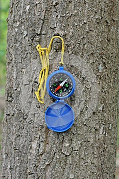 one open blue plastic compass hangs on a yellow cord