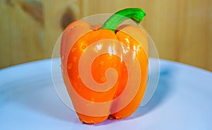One orange bellpepper on a plate with wooden background photo