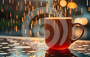 One orange Coffee mug on a bright abstract background