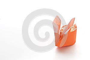 One Orange Origami Easter Bunny Basket Stuffed with Straw