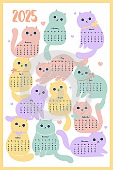 One page 2025 calendar with cute cats. Vector graphics