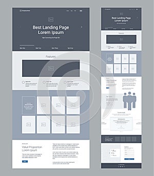 One page website layout template. Modern responsive design. Ux ui website. Landing page wireframe design for business.