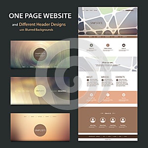 One Page Website Template and Different Header Designs with Blurred Backgrounds