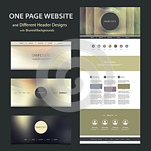 One Page Website Template and Different Header Designs with Blurred Backgrounds