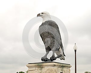 One of a pair of bald eagle sculptures at the entrance to the Veteran`s Memorial Park, Ennis, Texas