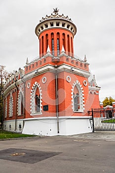 One of a pair of towers on the main entrance into the complex of Petroff palace, Moscow, Russia.