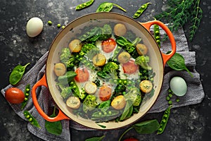 One Pan Green shakshuka with kale, broccoli, sweet peas, spinach and dill with free range eggs, perfect supper.