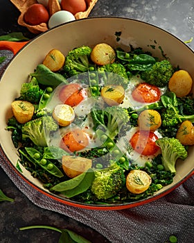 One Pan Green shakshuka with kale, broccoli, sweet peas, spinach and dill with free range eggs, perfect supper.