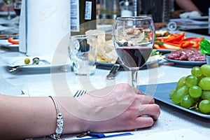 One of partying girls clinking flutes with sparkling wine. Girls hand with bracelet hold a glass of red wine