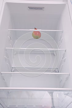 One pear in open empty refrigerator.