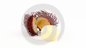 One peeled rambutan fruit pulp and its hairy skin. Rotating on the turntable isolated on the white background. Close up.