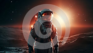 One person, an astronaut, stands armed in futuristic space suit generated by AI