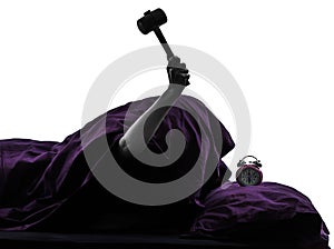 One person bed smashing alarm clock silhouette photo