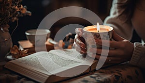 One person holding a book, reading by candlelight, cozy indoors generated by AI