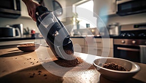 One person making fresh coffee, pouring hot drink into mug generated by AI