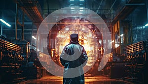 One person in protective workwear standing in glowing steel mill generated by AI