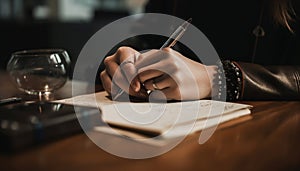 One person sitting at desk, holding pen, reading book generated by AI