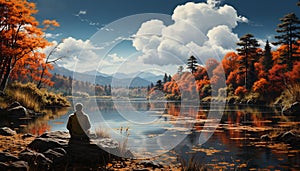One person sitting, reflecting on tranquil autumn mountain landscape generated by AI