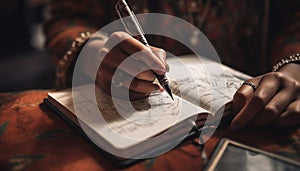 One person sitting at table, holding pen, reading book generated by AI