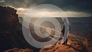 One person standing on cliff, backpack, admiring majestic mountain peak generated by AI