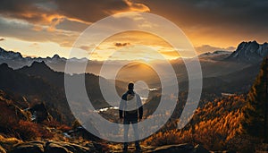 One person standing on mountain peak, enjoying majestic sunrise generated by AI