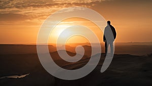 One person standing on mountain peak, enjoying majestic sunrise generated by AI