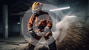 One person working in a dark factory wearing protective workwear generated by AI